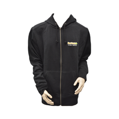 Black hoodie with a logo on the chest against a white background