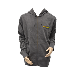 Gray hoodie with a logo on the chest against a white background