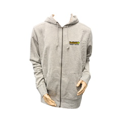 White hoodie with a brand logo on a white background