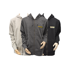 Three hoodies in gray, black, and white on mannequins with a brand logo.