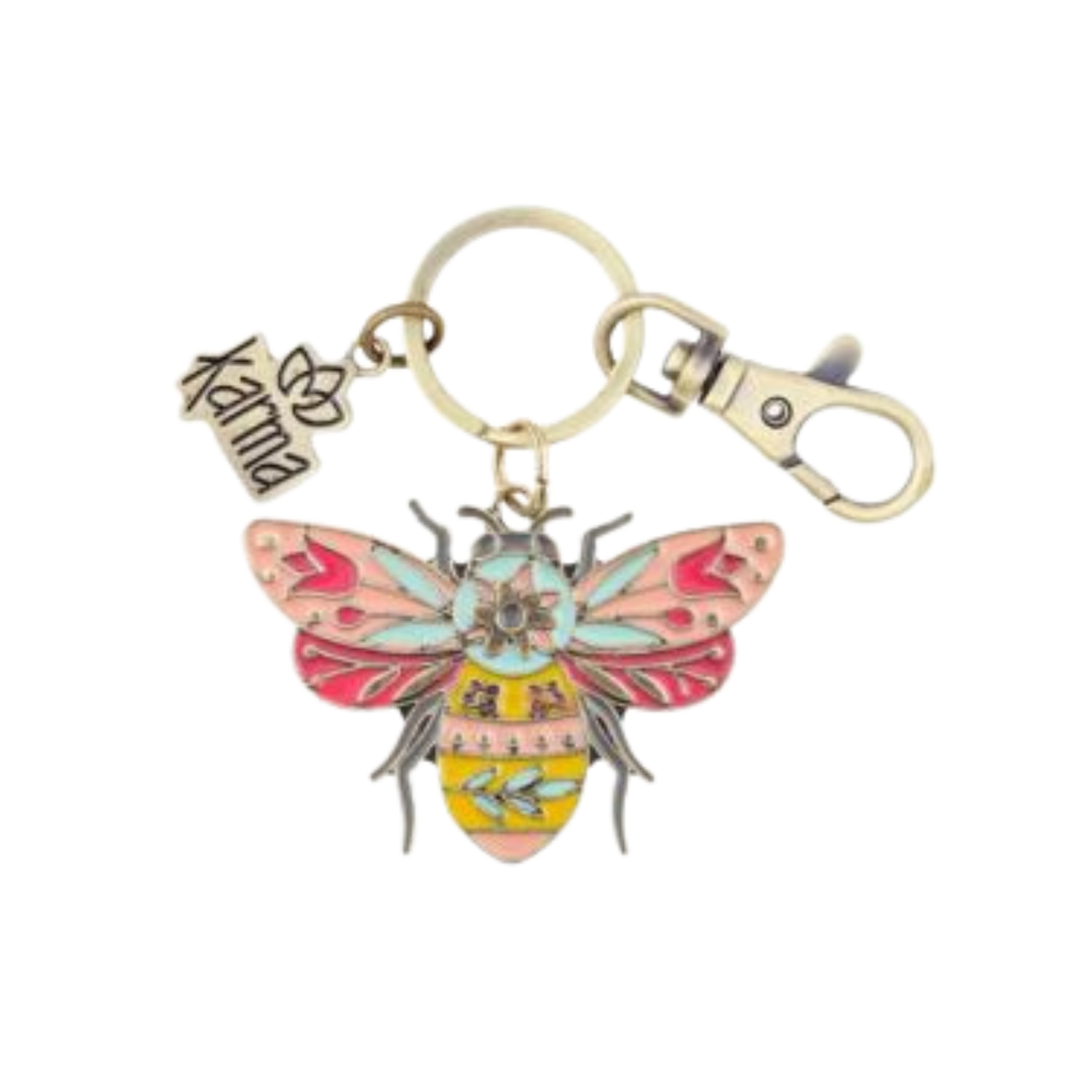Colorful bee-shaped keychain with a gold ring and clip on a white background