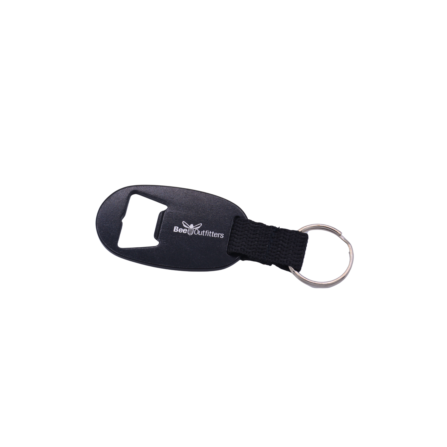 Black bottle opener keychain with a brand logo on a white background