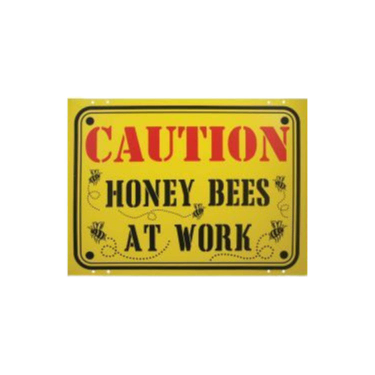 Caution sign warning of honey bees at work with yellow border and black text.