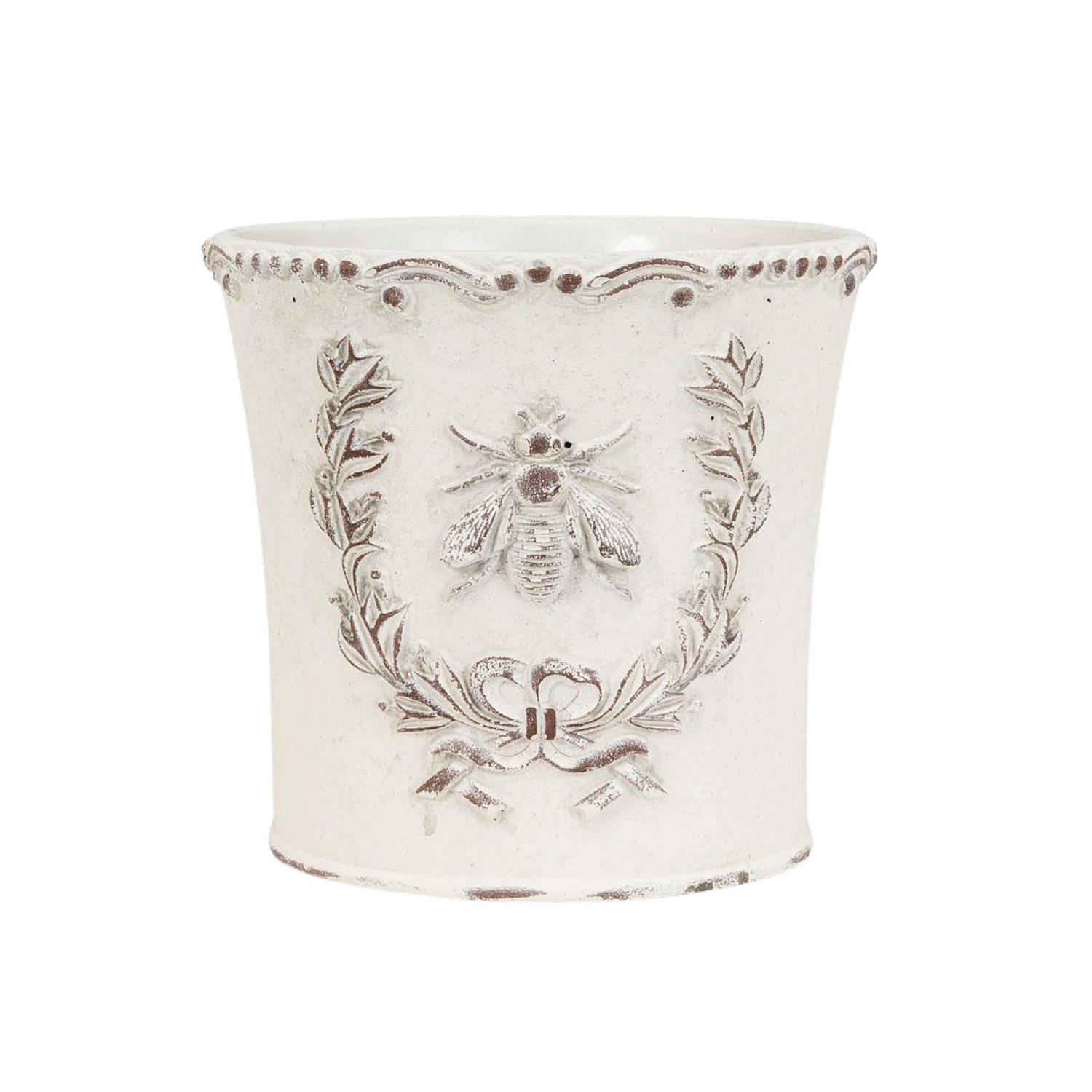 Medium, decorative white planter with black floral and bee design on a white background
