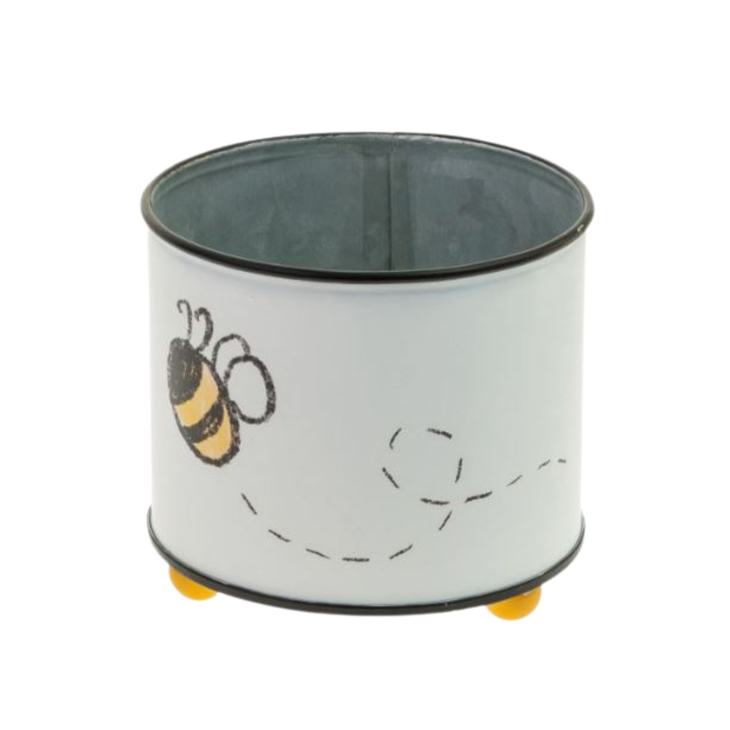 Round container with bee design on a white background