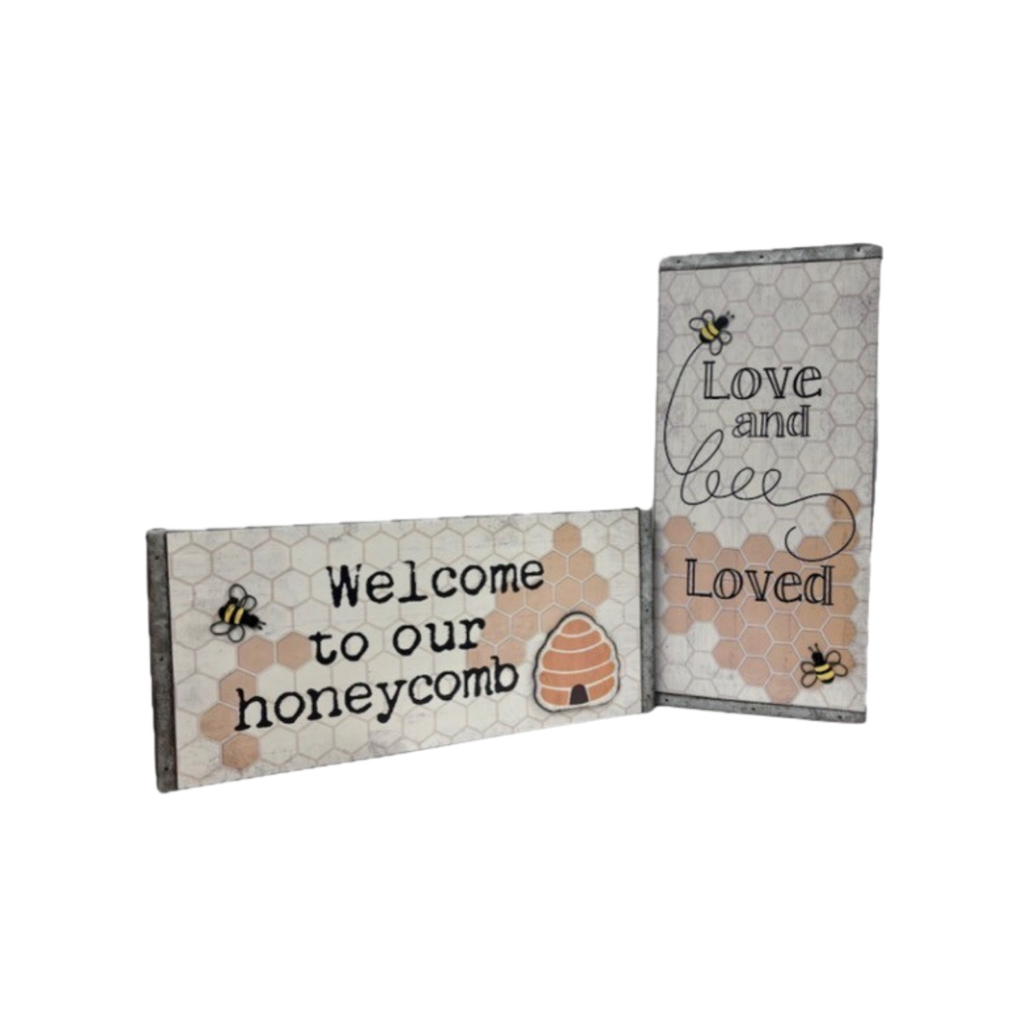 Decorative signs with honeycomb design and bee illustrations on a white background