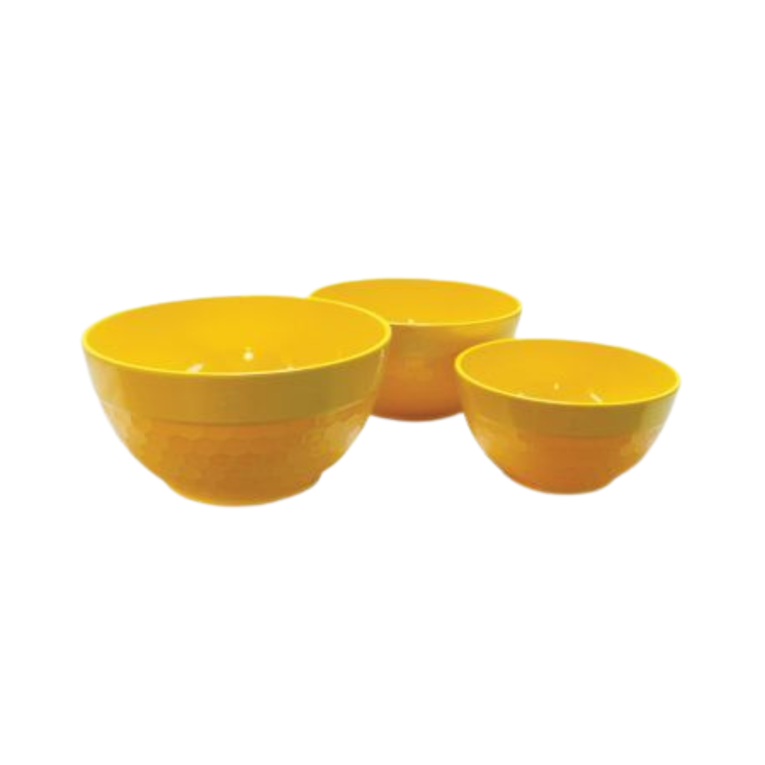 Three yellow ceramic bowls on a white background