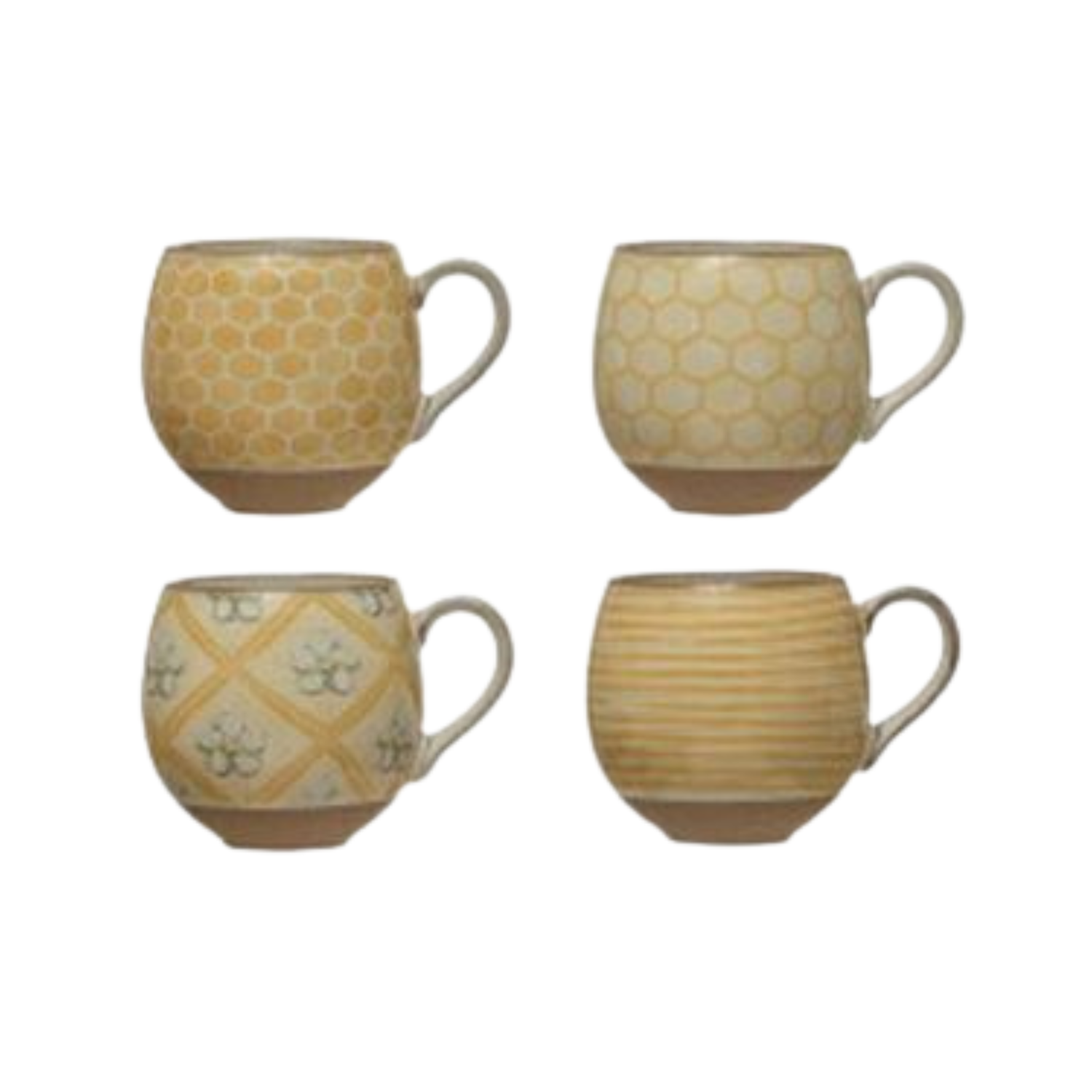 Set of four ceramic mugs with different patterns on a neutral background