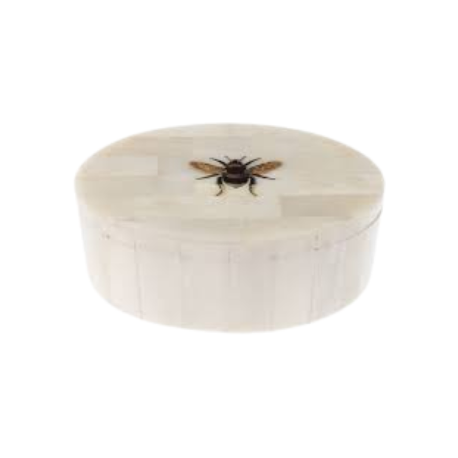 Round white wooden box with a bee decoration on a white background