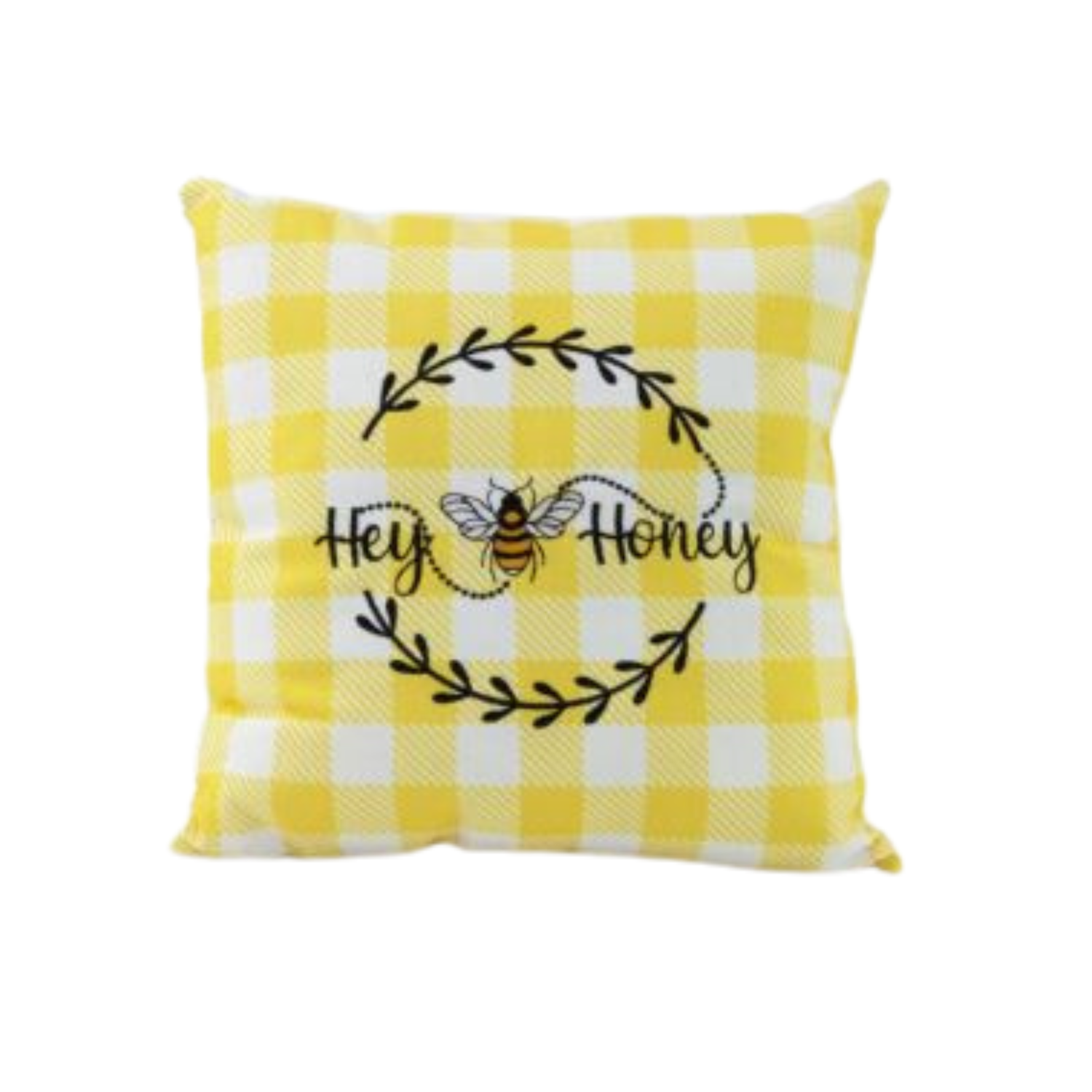 Yellow and white checkered pillow with 'Hey Honey' text and bee illustration on a white background