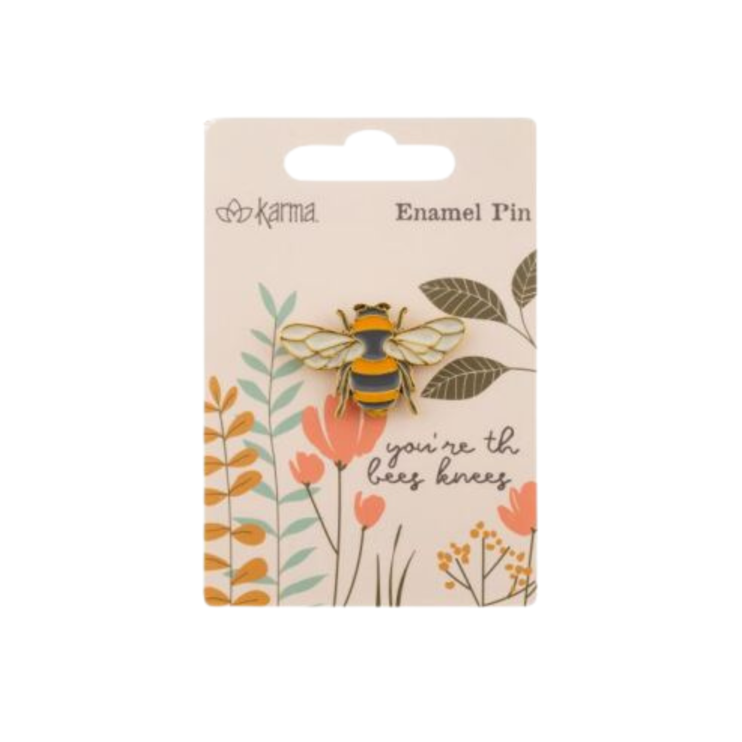 Karma Enamel Pin with bee design on floral packaging