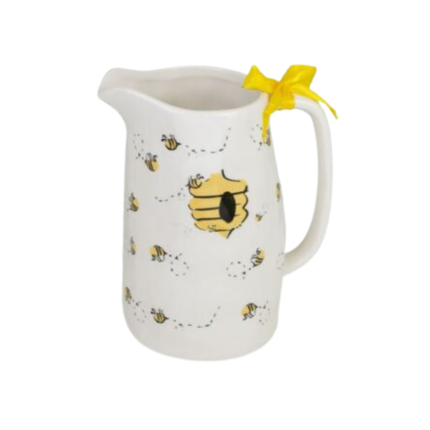 White ceramic pitcher with bee and honeycomb design, yellow ribbon on a white background