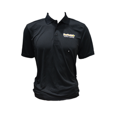 Black polo shirt with a BeeMaid logo on a white background