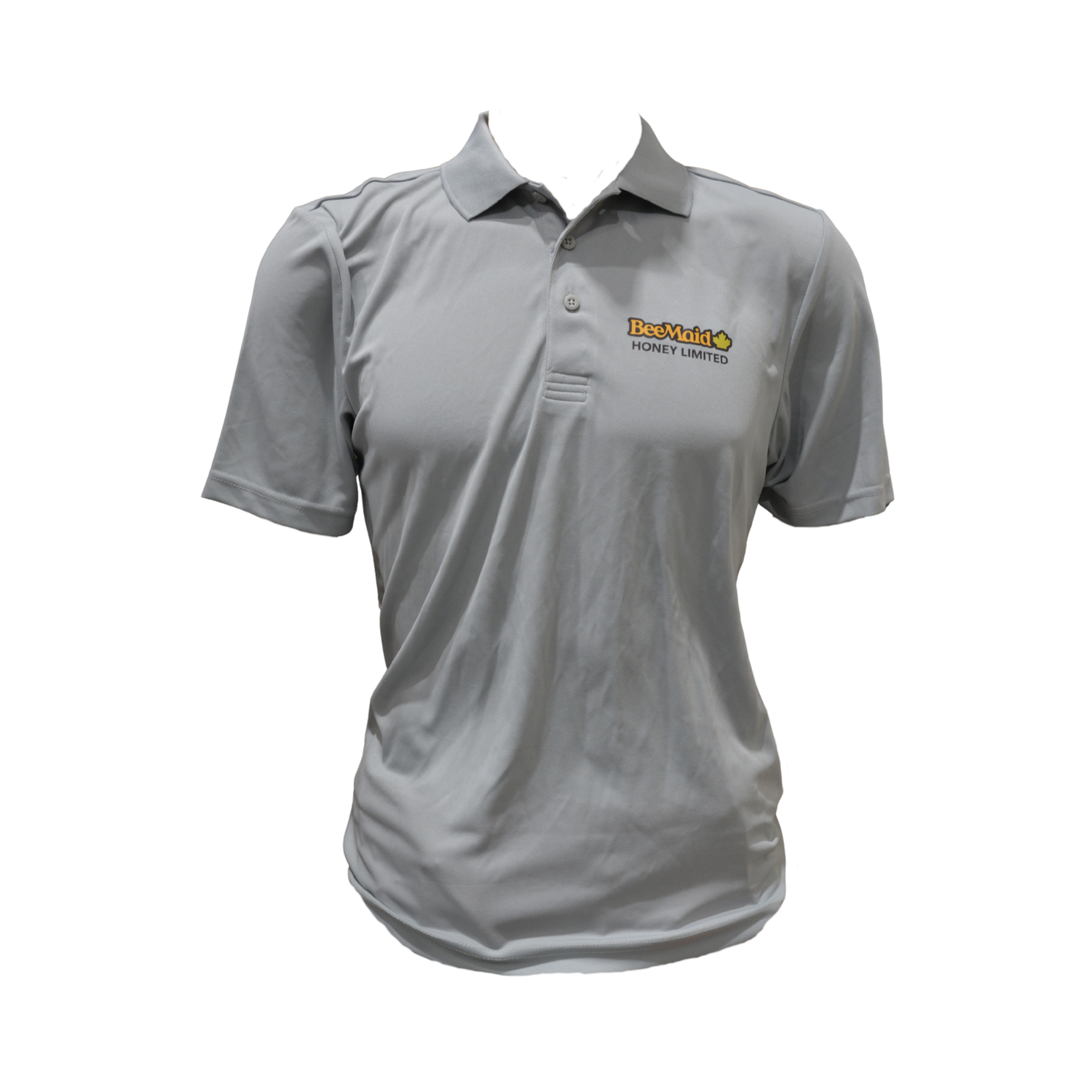 Gray polo shirt with a BeeMaid logo on a white background