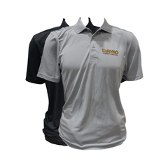 Gray and black polo shirts with a BeeMaid logo on a white background
