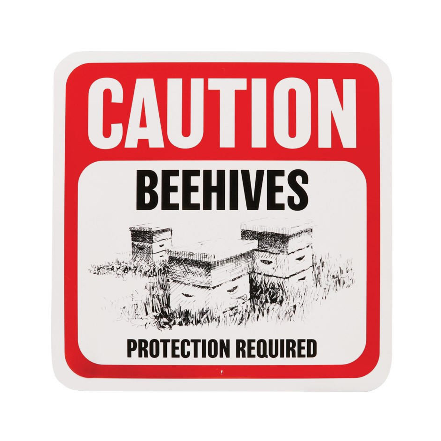 Warning sign with red border reading “Caution Beehives – Protection Required,” featuring an illustration of multiple beehive boxes in a field.