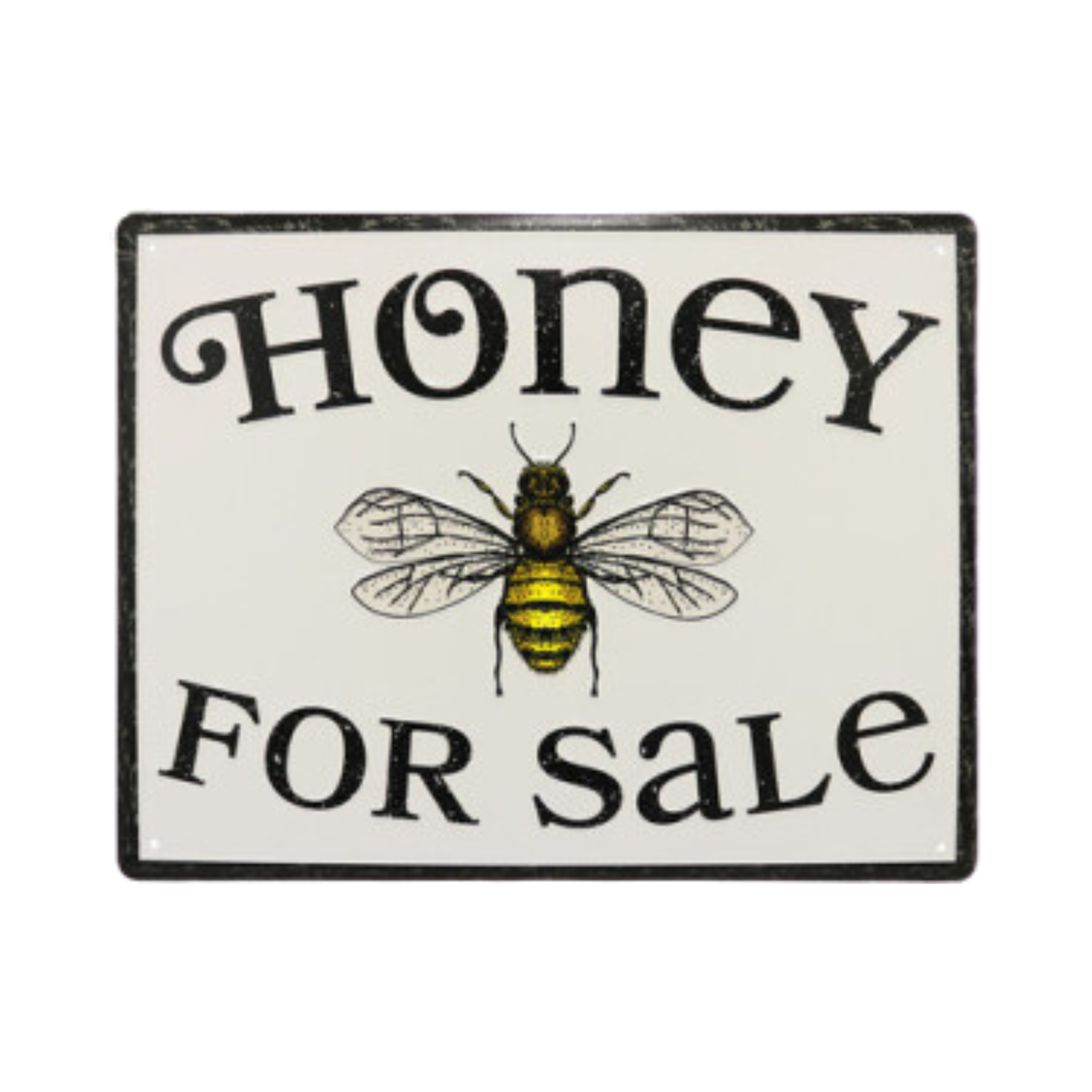 Vintage-style sign with a bee and 'Honey For Sale' text on a white background