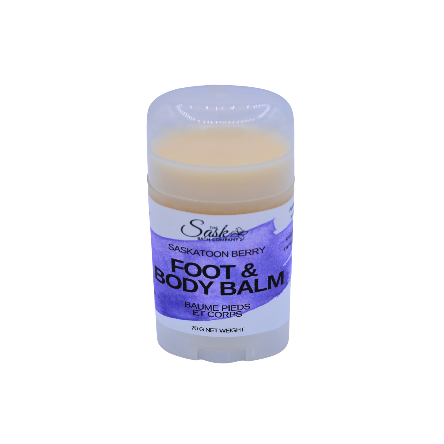 A single stick of Saskatoon Berry Foot & Body Balm shown on a plain white background.