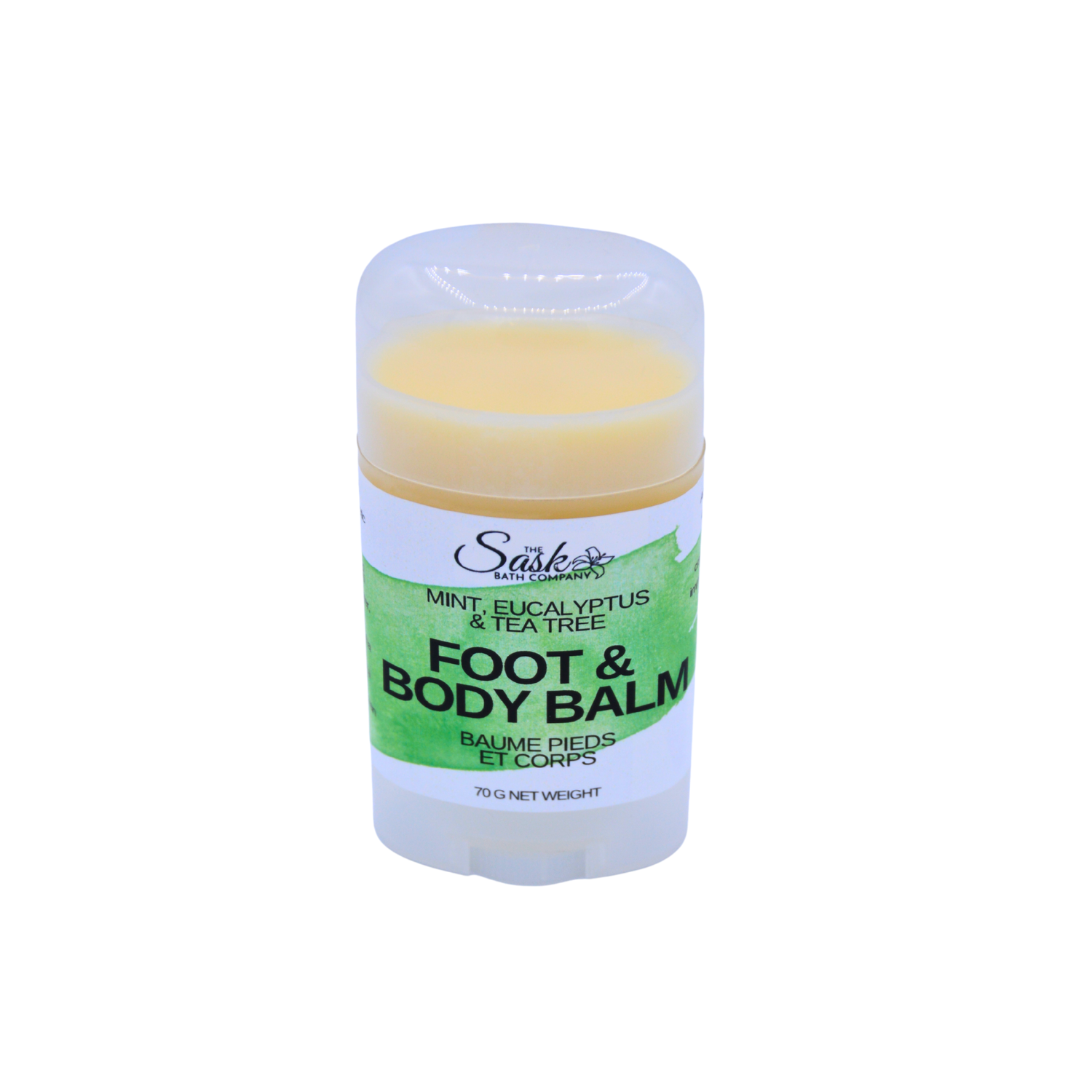 A single stick of foot and body balm featuring a white label with green accents and a pale yellow balm visible at the top, set against a plain white background