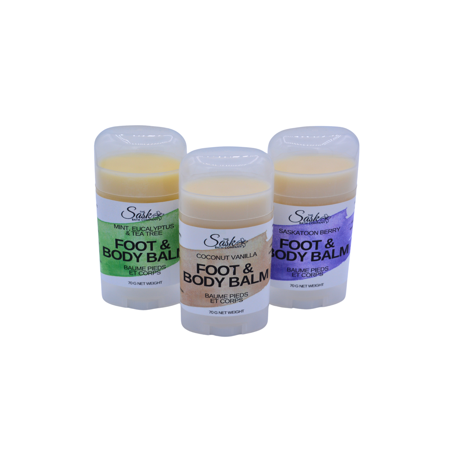 Three bottles of Sask Bath Co's foot and body balm with different scents on a white background