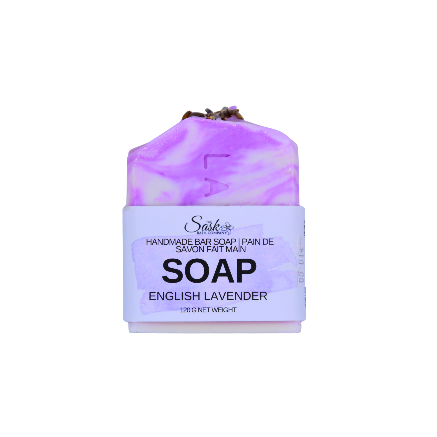 A bar of handmade soap wrapped in a white paper label that reads 'English Lavender SOAP'. The soap itself has a marbled purple and white pattern, and a small sprig of lavender is tucked on top.