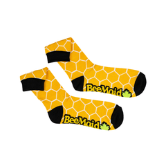 Yellow socks with yellow hexagonal pattern and 'BeeMaid' branding on a white background