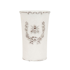 Tall, decorative white planter with black floral and bee design on a white background