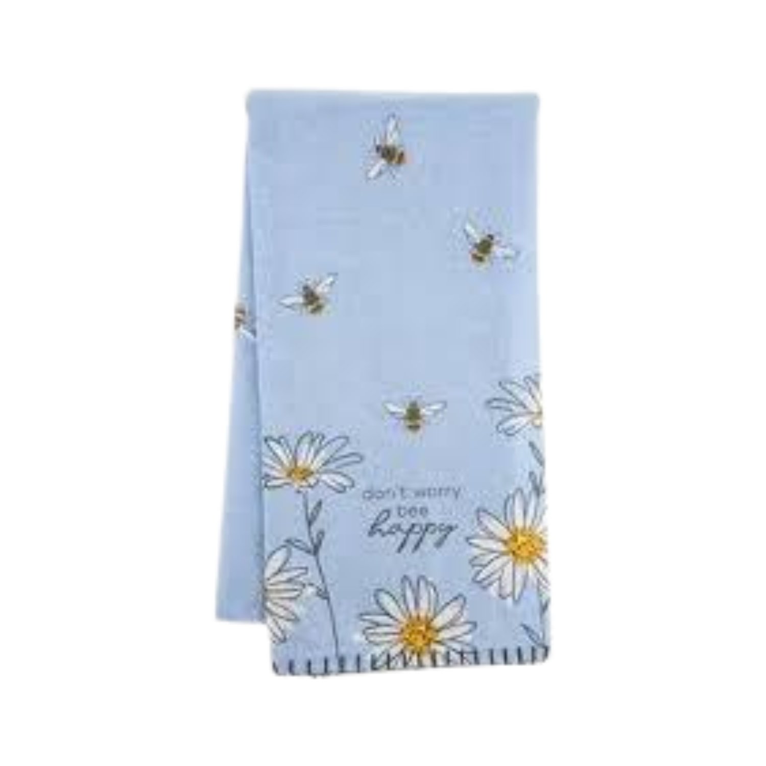 Light blue kitchen tea towel featuring white daisies with yellow centers, small flying bee illustrations, and the phrase “don’t worry bee happy” printed in the center.