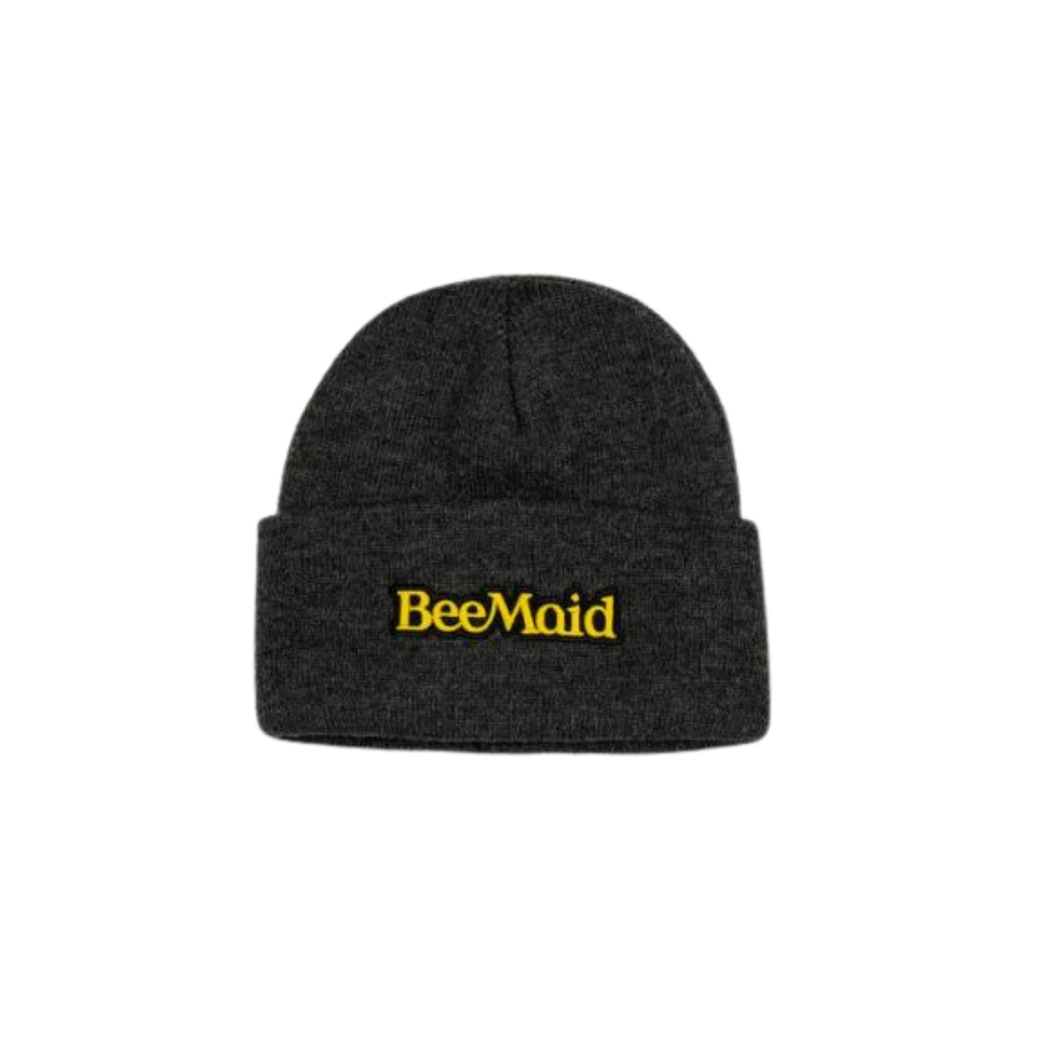 Dark gray knit beanie with a folded cuff, featuring an embroidered yellow “BeeMaid” logo on the front.
