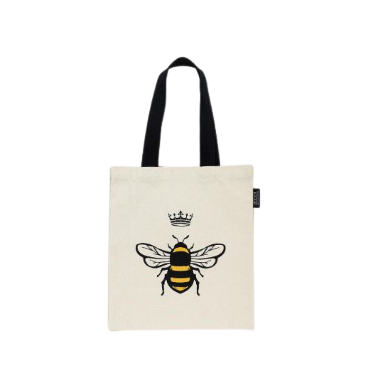 Natural canvas tote bag with black handles, featuring a crowned bee illustration in black and yellow centered on the front.