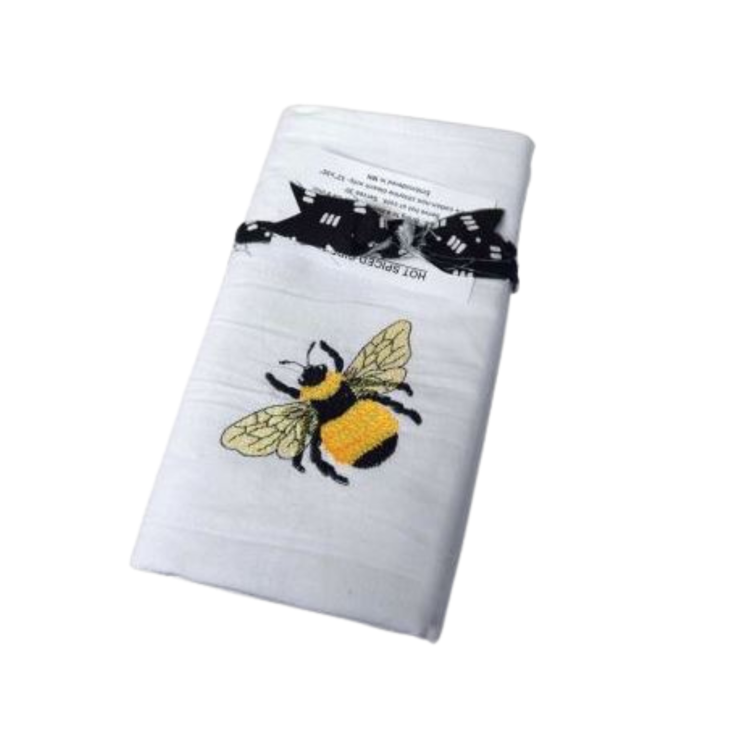 Folded white kitchen tea towel featuring an embroidered yellow and black bee design, wrapped with a black ribbon band and product tag.