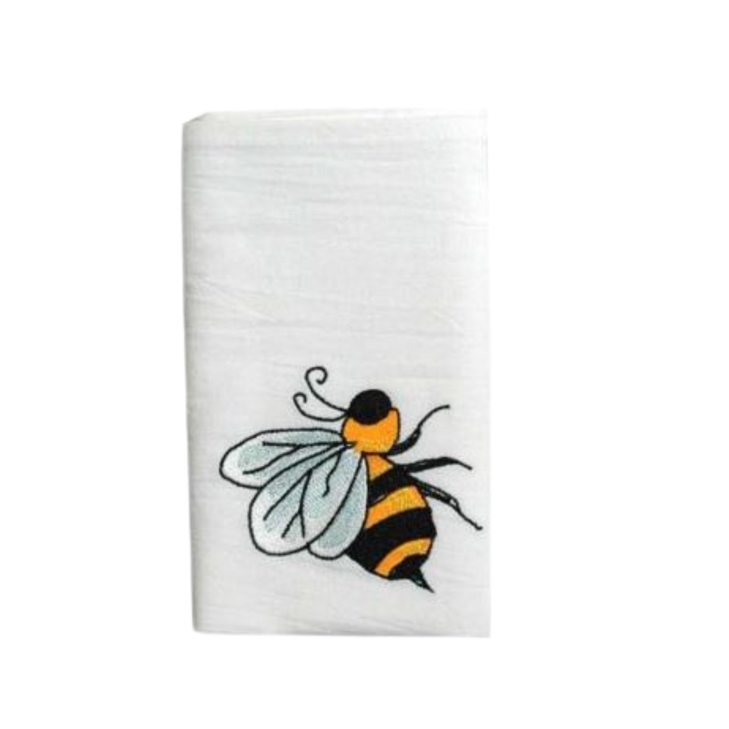 Folded white kitchen tea towel featuring an embroidered bee with yellow and black stripes and light blue wings.