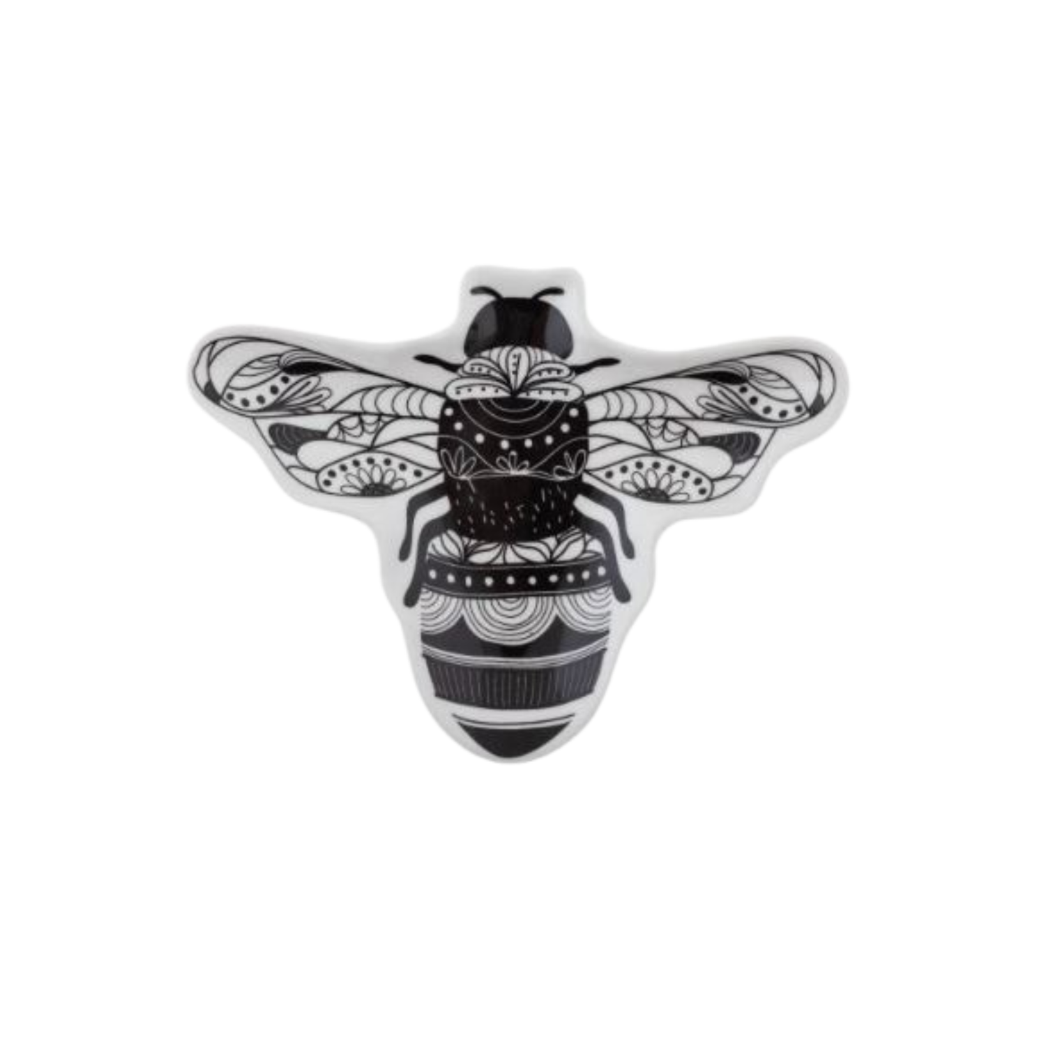 Black and white bee-shaped ceramic dish with intricate hand-drawn floral and geometric patterns across the wings and body.