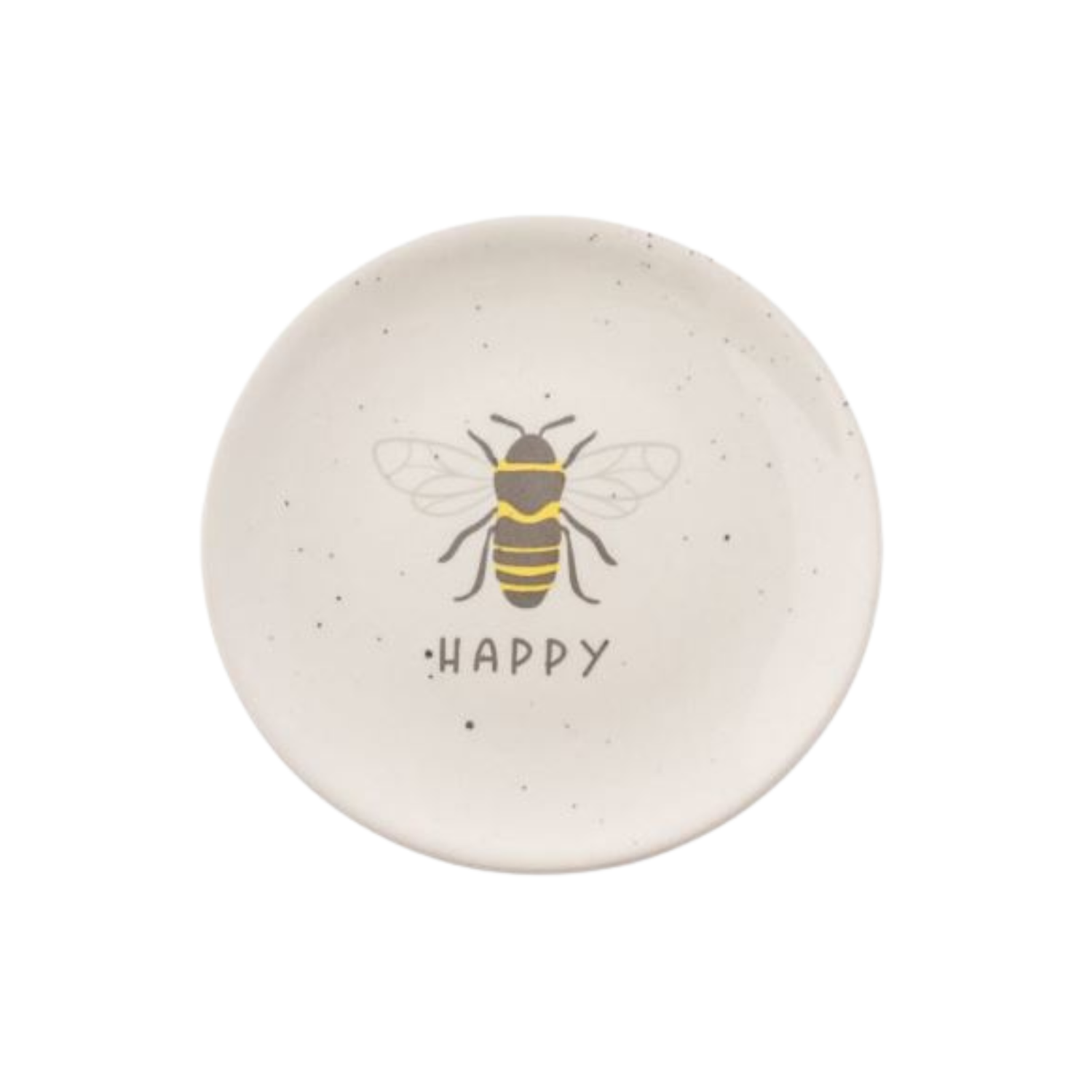 Round cream-colored ceramic trinket dish with a speckled finish, featuring a yellow and gray bee illustration and the word “HAPPY” printed beneath it.