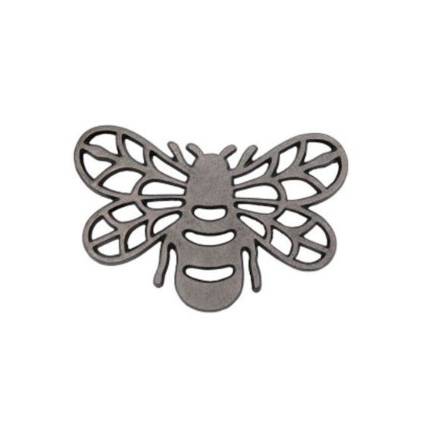 Bee-shaped metal trivet with an open cutout design, featuring stylized wings and body in a matte gray finish, used to protect surfaces from hot dishes.