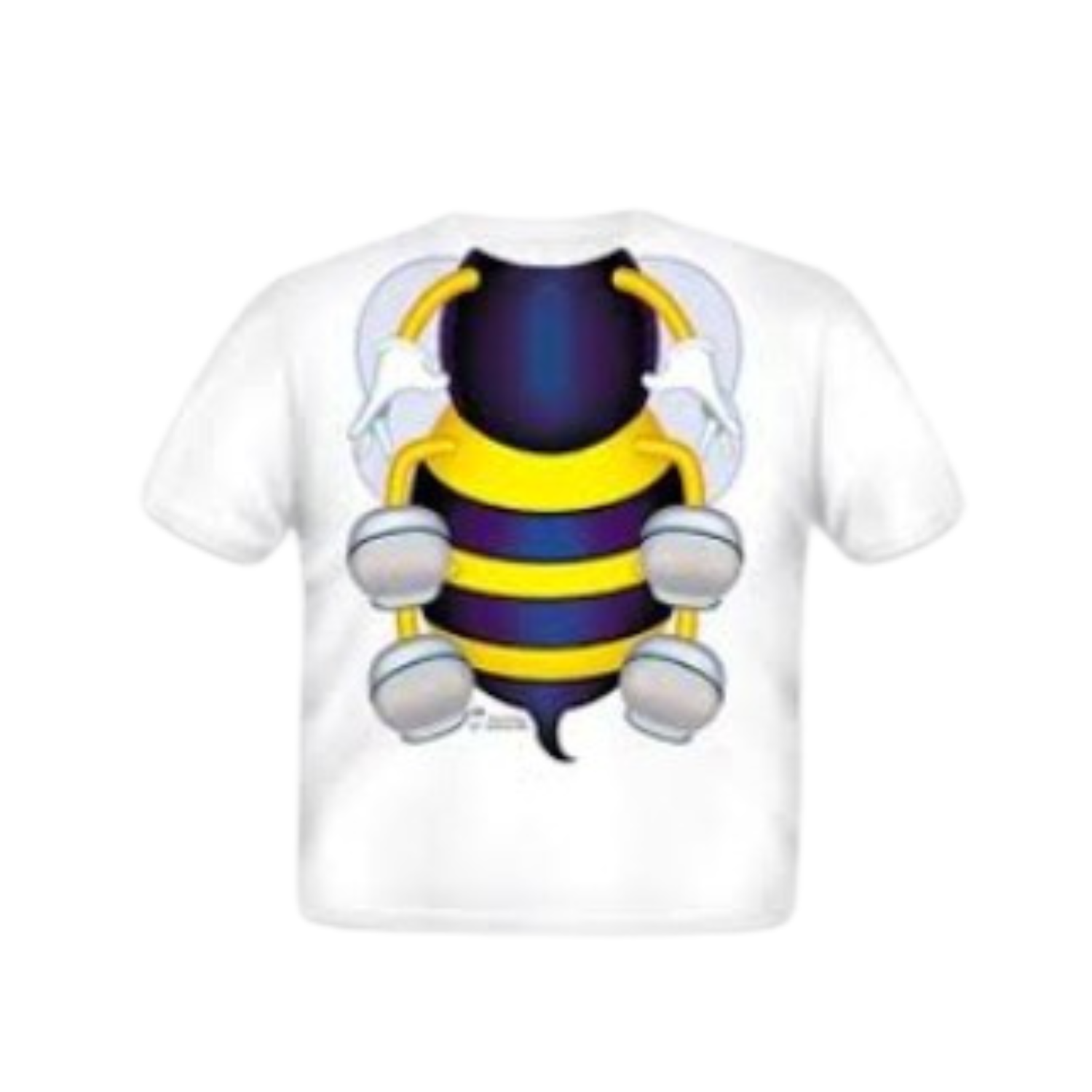 A white T-shirt featuring a large, colorful cartoon-style bee design centered on the front, with bold yellow and black stripes and exaggerated rounded features.