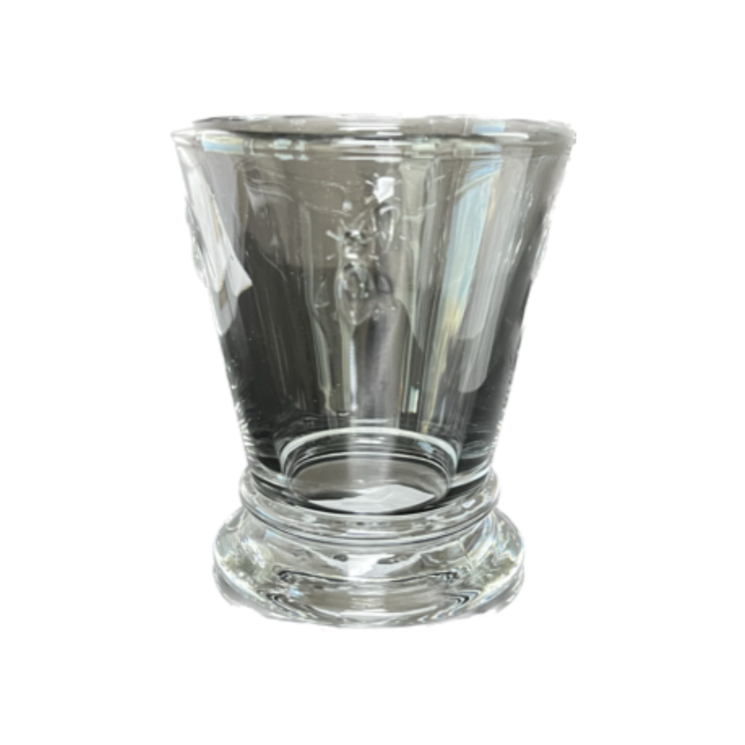 A clear glass tumbler with a thick, rounded base and slightly flared sides, featuring an embossed bee design on the front.