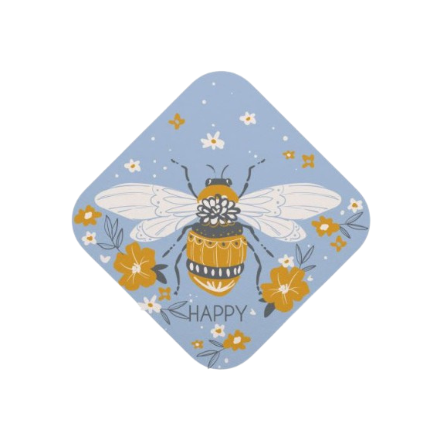 Sticker with a bee illustration and 'Happy' text on a blue background