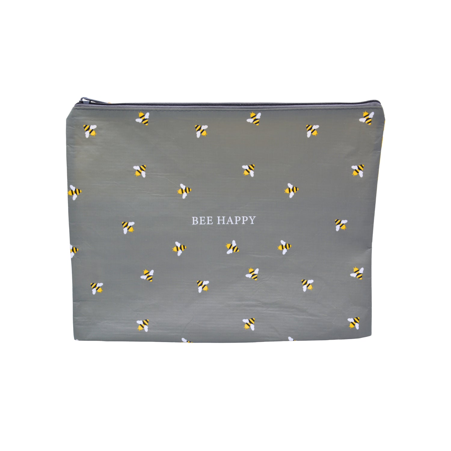 A gray zippered bag featuring a repeating pattern of small yellow, black, and white bumblebees, with the text 'BEE HAPPY' printed in white in the center.