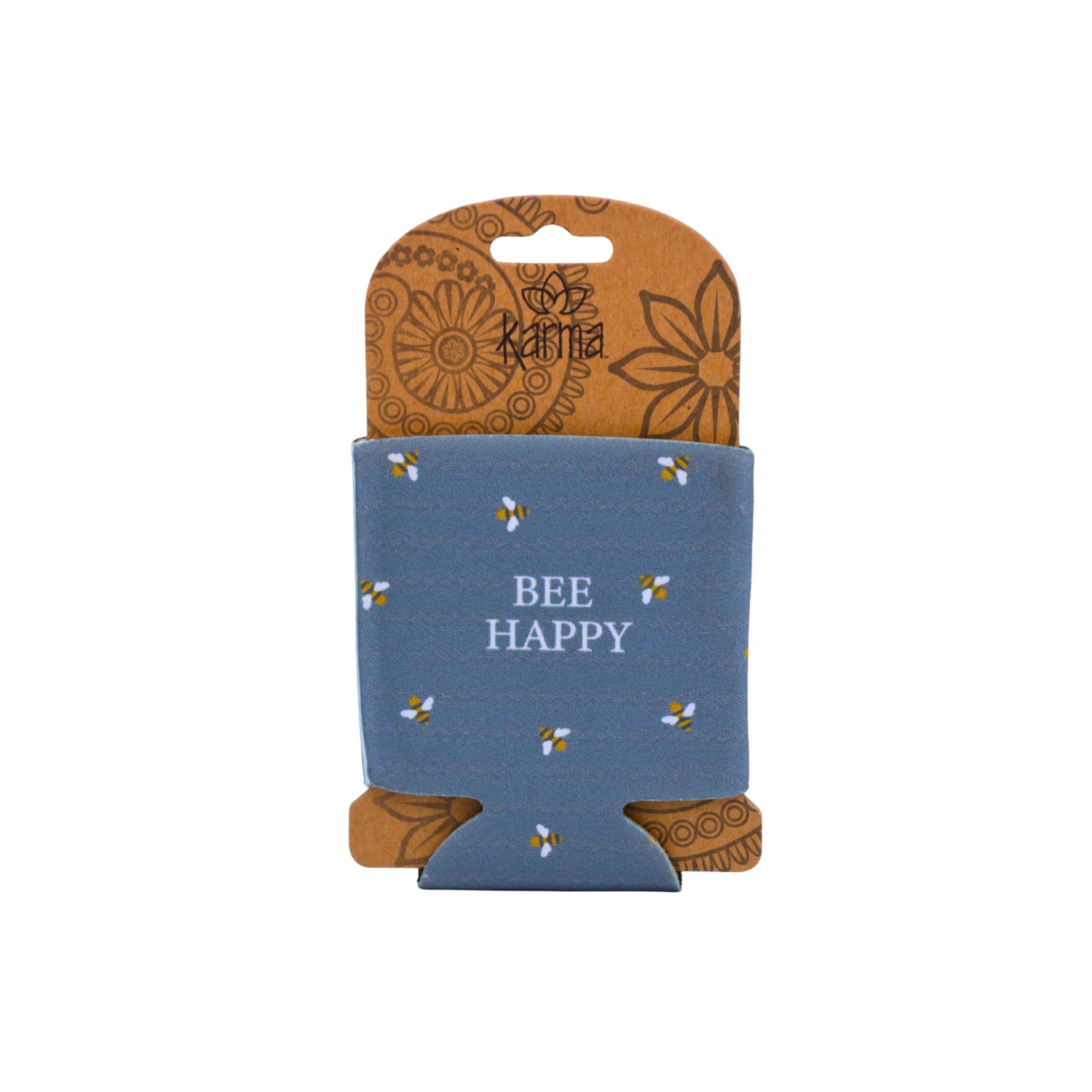 A blue insulated can cooler sleeve with a 'BEE HAPPY' print, featuring small white and yellow bees, displayed on its brown patterned cardboard hanger against a white background.