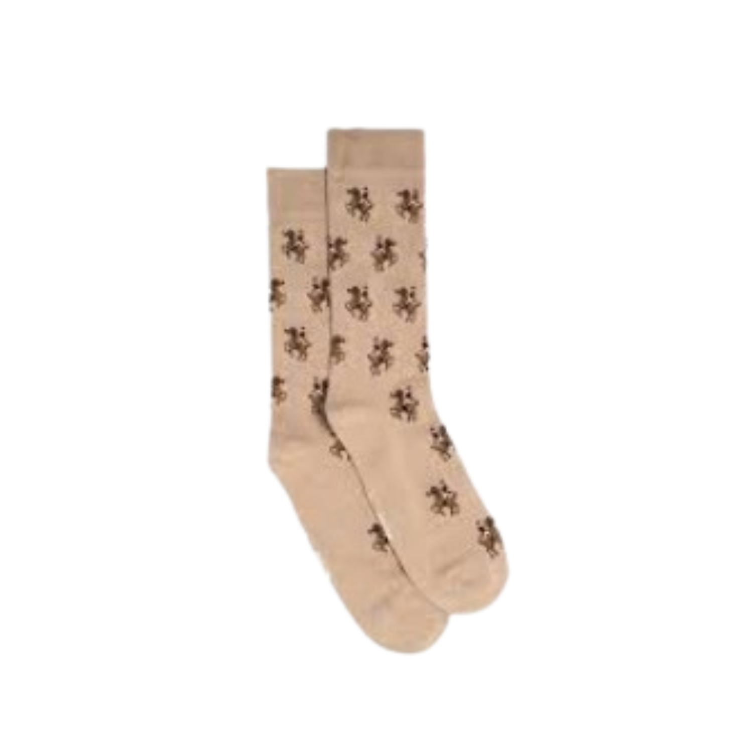 A pair of tan crew socks laid flat, decorated with a repeating pattern of small brown bees.