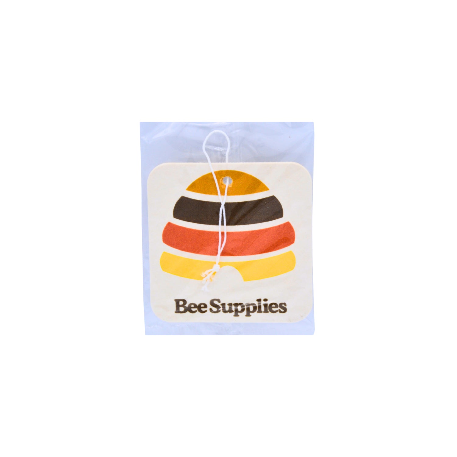 A square Bee Supplies hanging tag or label with a stylized striped bee design in yellow, orange, brown, and red, on a white background.
