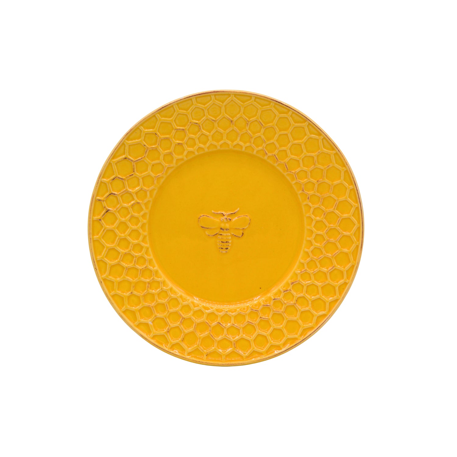 A yellow plate with an outer ring of honeycomb designs and in the centre, a bee emblem on a white background