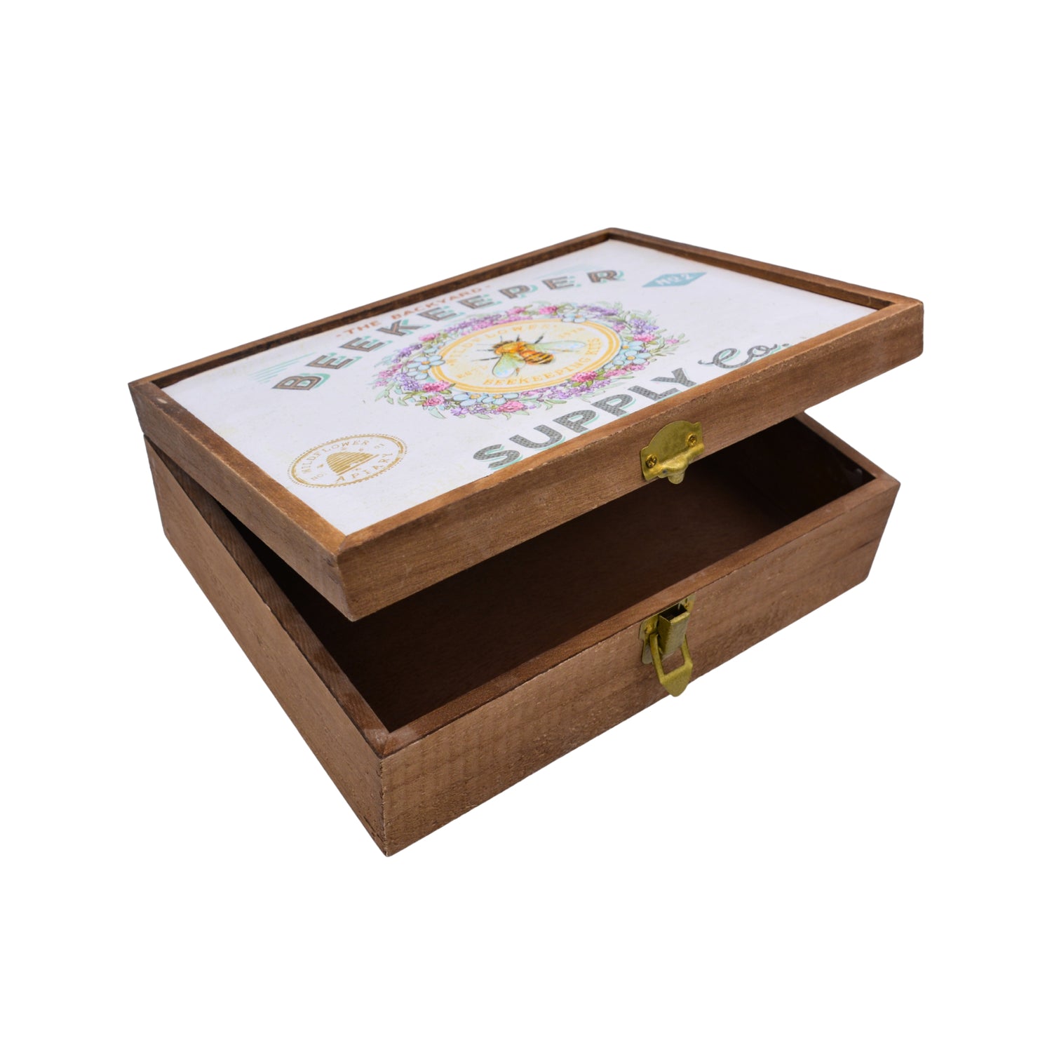 A wooden box with a latch partially ajar and a colorful graphic on the top of the box on a white background