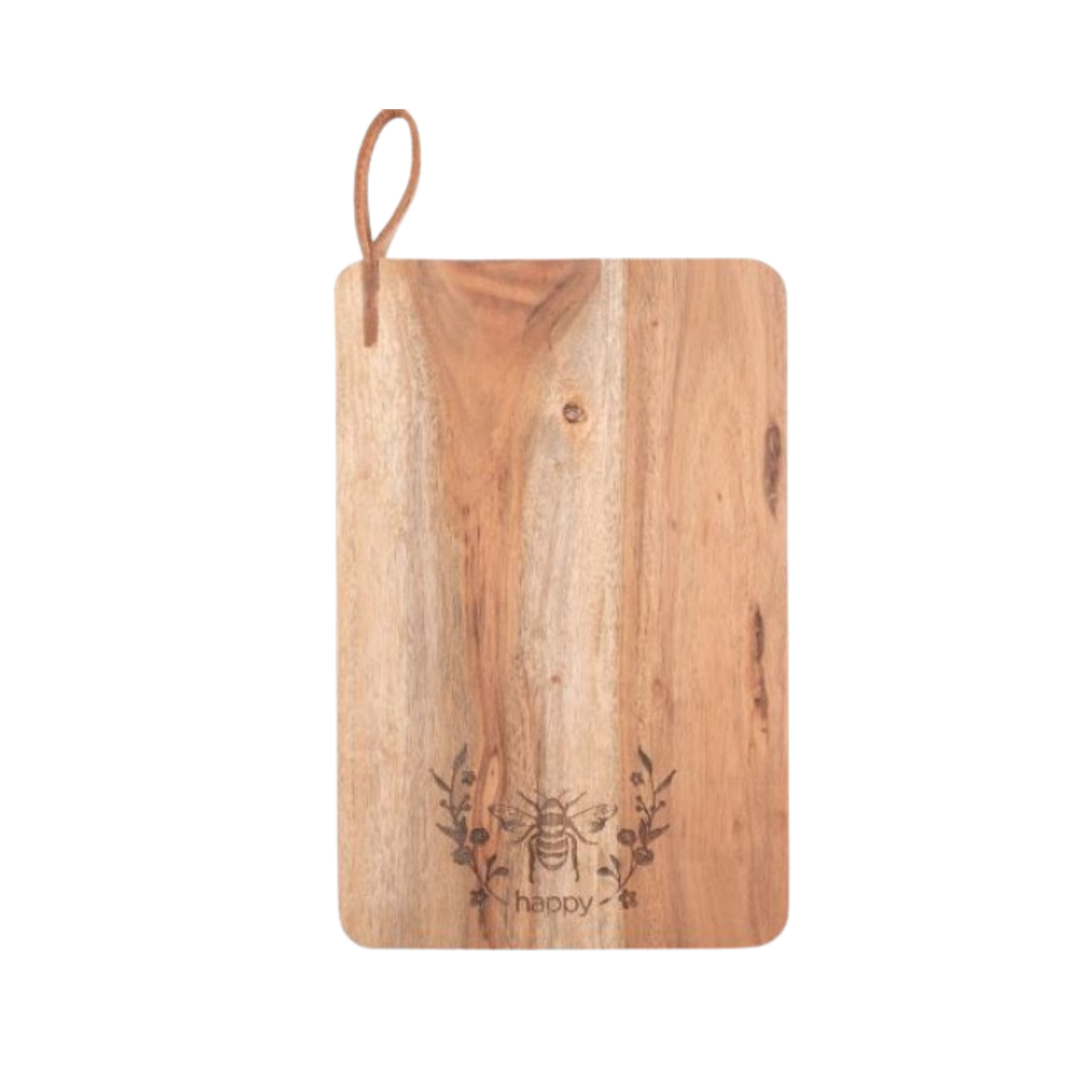 A rectangular wooden cutting board with rounded corners and a leather loop at the top for hanging. Near the bottom, there is an engraved design of a bee surrounded by small leaves and flowers, with the word “happy” below it.