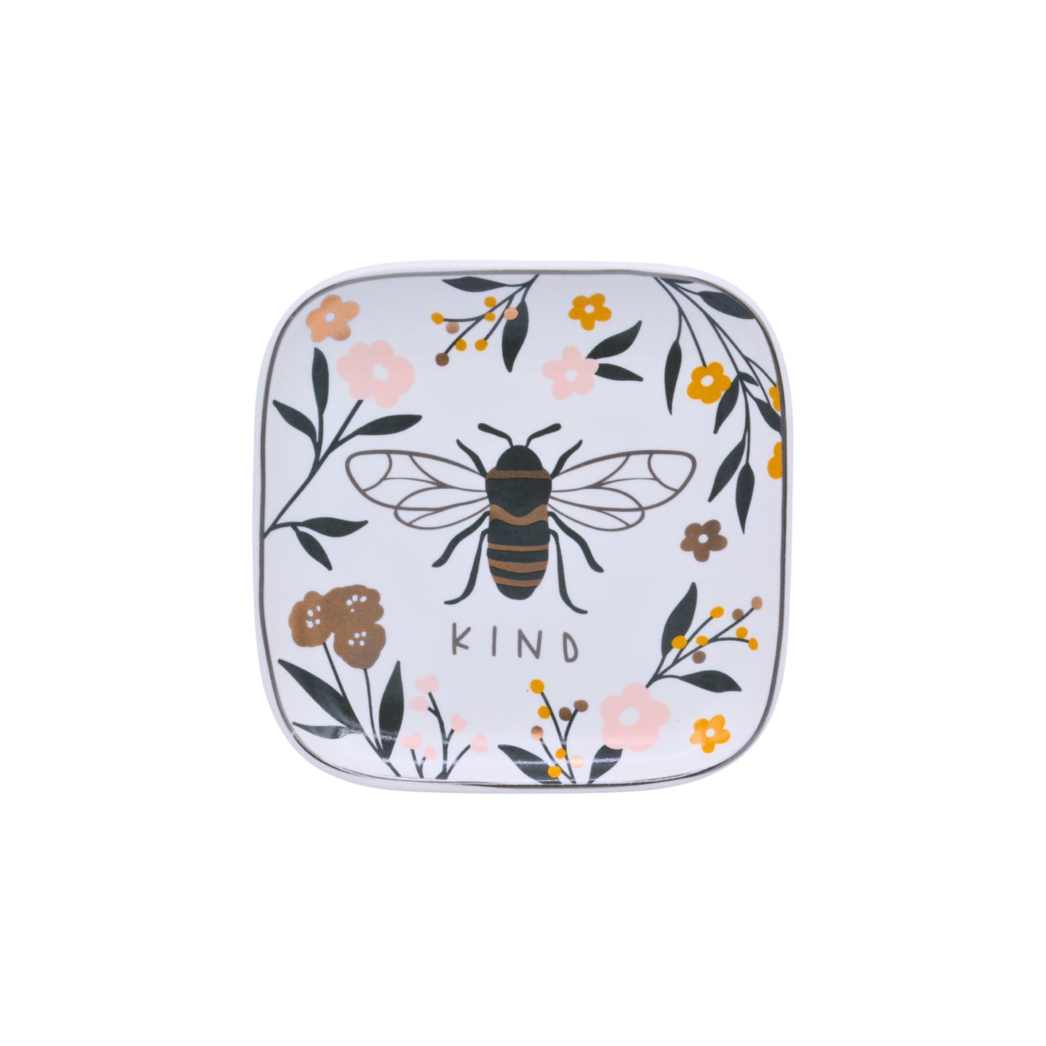 A square white plate with rounded corners, featuring a central illustration of a bee, delicate floral designs in pink, yellow, and brown, and the word 'KIND' printed below.