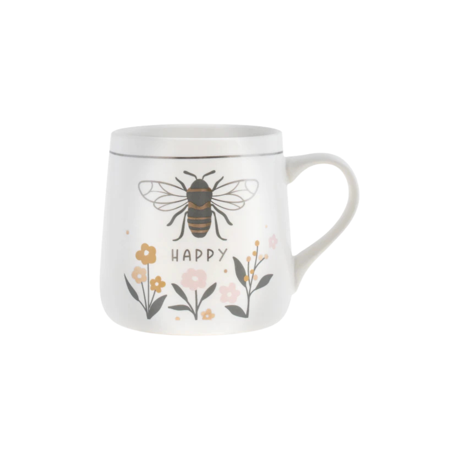 A white bone china mug with a bee illustration and the word 'HAPPY' below it, surrounded by floral designs on a white background