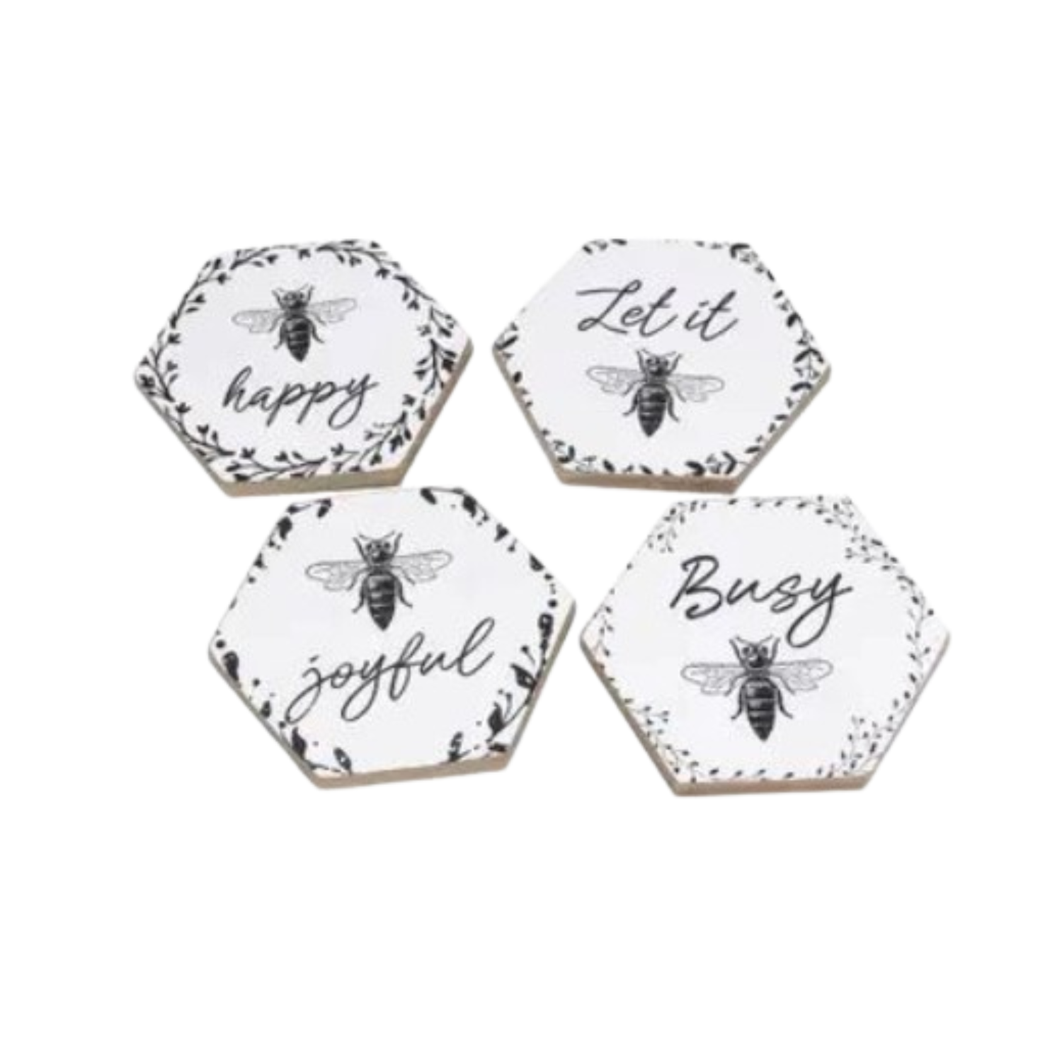 Four hexagonal white coasters with black bee illustrations and decorative leafy borders. Each coaster has a different handwritten-style word or phrase: “happy,” “joyful,” “Busy,” and “Let it.”
