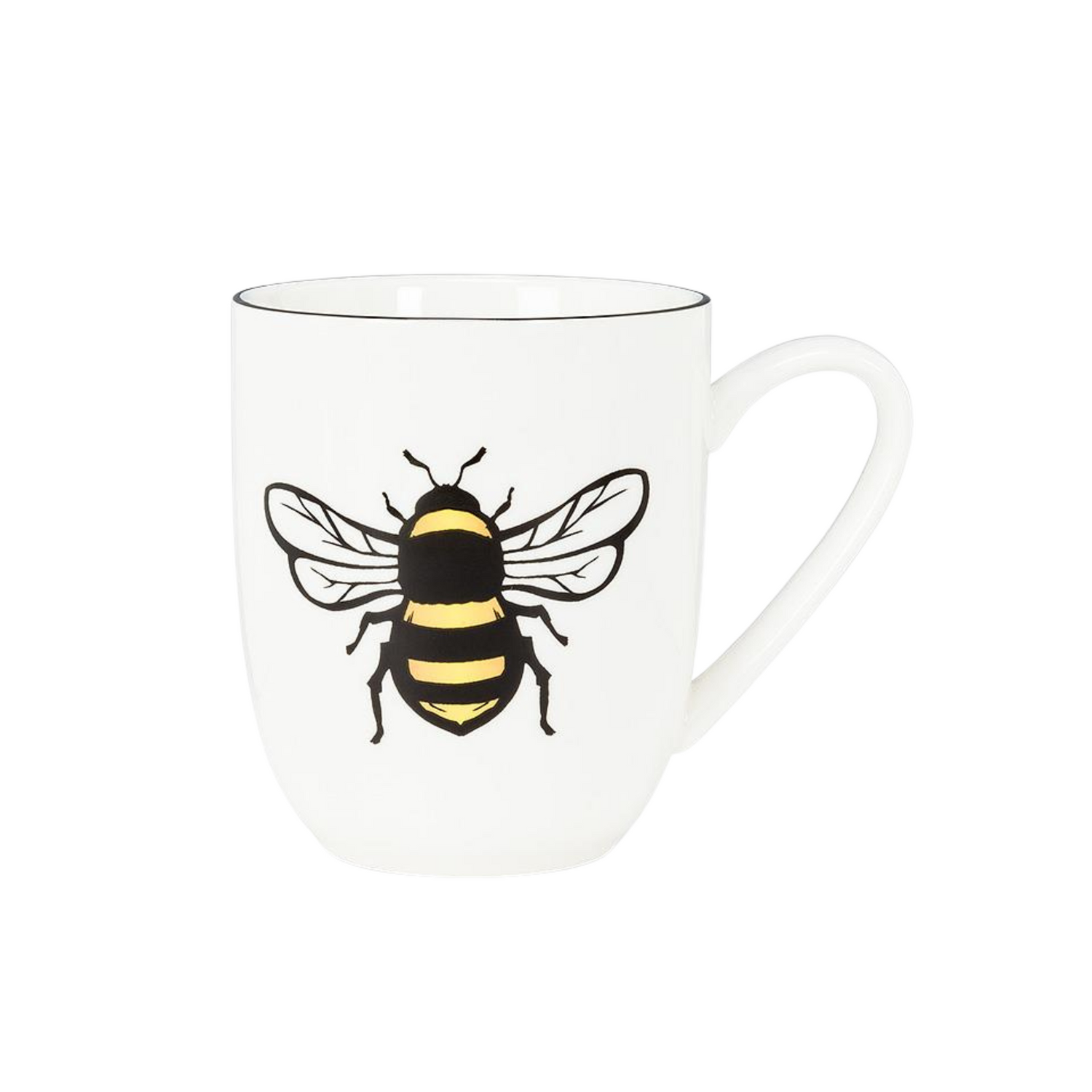 A white mug with a yellow and black bee design centred on a white background