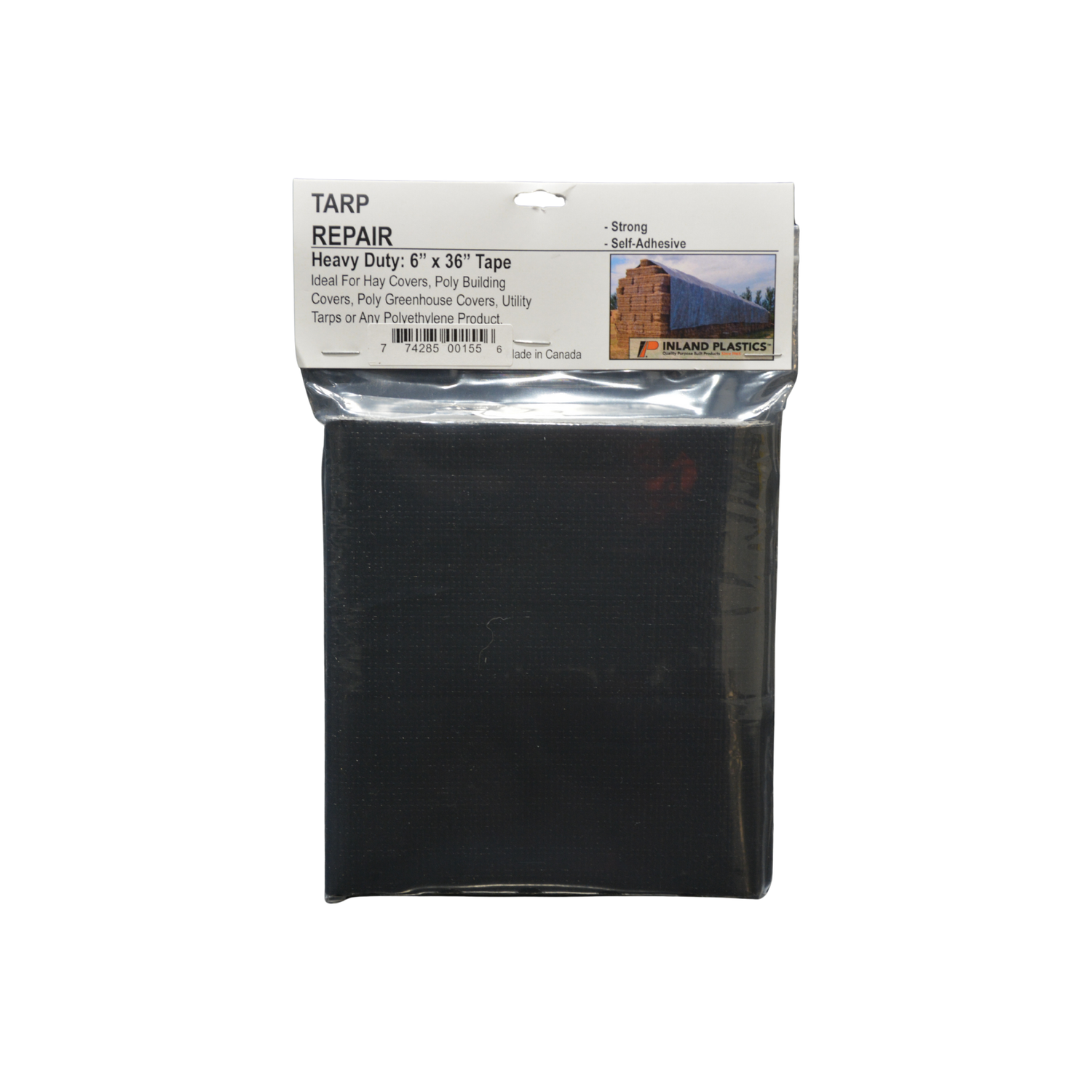 Black tarp repair tape in clear packaging with a white label on a white background